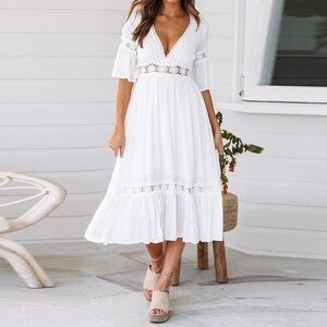 Elegant White Midi Dress with Lace Details